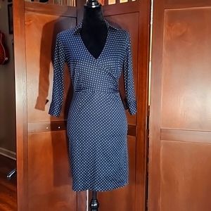 ANN TAYLOR Navy Blue Polka Dot 3/4 Sleeve Wrap Dress Size 0